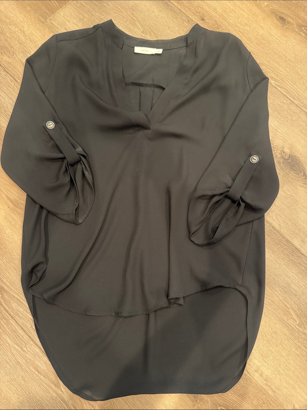 Lush Black V-Neck Roll-Tab Sleeve Blouse